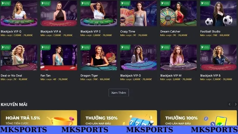 Các bàn live casino đa dạng